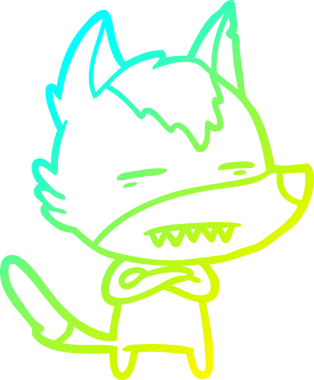 Bir insan tarafından çizilmiş dişleri gösteren çizgi bir kurt çizimi.