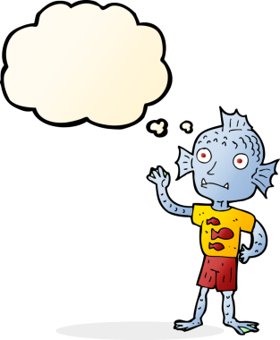 Bir insan tarafından çizilmiş düşünce balonlu balık çocuk.