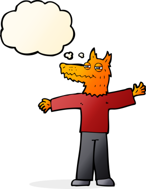 Bir insan tarafından çizilmiş düşünce balonlu mutlu tilki adam.