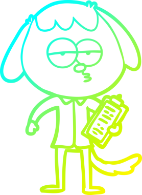 Bir insan tarafından çizilmiş ofis kıyafetleri içinde sıkılmış bir köpeğin çizgi film çizimi.