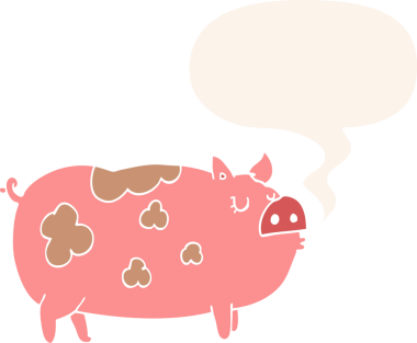 Bir insan tarafından çizilmiş, konuşma baloncuklu çizgi film domuzu.