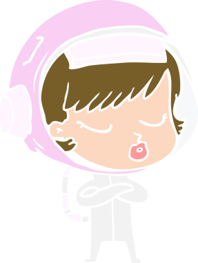 Düz renkli çizgi film. Bir insan tarafından çizilmiş güzel astronot kız.