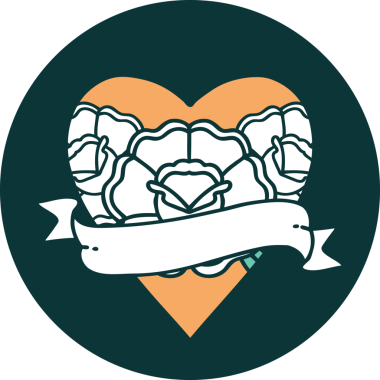 İkonik dövme stili bir kalp ve bir insan tarafından çizilmiş çiçekli pankart.