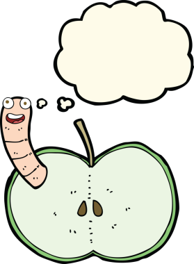 Bir insan tarafından çizilmiş düşünce baloncuğu solucanlı çizgi film elması