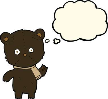 Bir insan tarafından çizilmiş düşünce balonlu siyah ayı sallayan çizgi film.