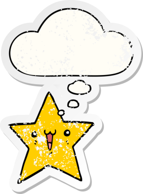 Düşünce baloncuğu olan mutlu çizgi film yıldızları bir insan tarafından çizilmiş yıpranmış bir çıkartma gibidir.