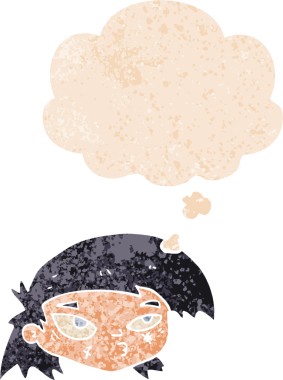 Yüzü çizilmiş bir çizgi film grunge 'daki düşünce baloncuğuyla bir insan tarafından çizilmiş sıkıntılı retro desenli stil