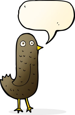 Bir insan tarafından çizilmiş konuşma baloncuklu komik çizgi film kuşu.