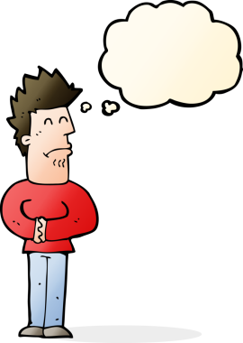 Bir insan tarafından çizilmiş düşünce baloncuğu olan sinirli bir adam.