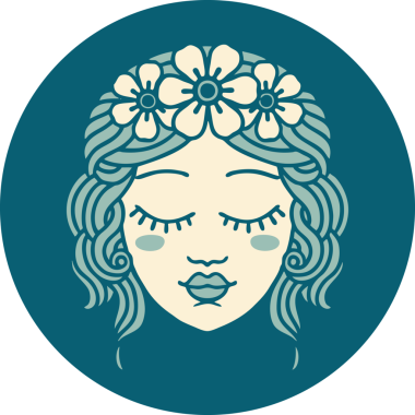 İkonik dövme stili. Bir insan tarafından çizilmiş gözleri olan kadın yüzü.