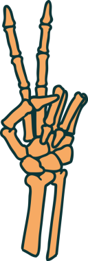 Bir insan tarafından çizilmiş barış işareti veren bir iskeletin ikonik dövme görüntüsü.