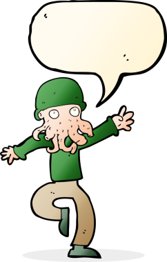 Bir insan tarafından çizilmiş konuşma balonlu uzaylı yaratık adam.