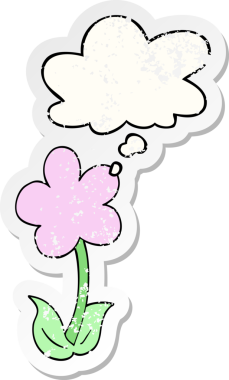 Düşünce baloncuğu olan sevimli bir karikatür çiçeği insan tarafından çizilmiş yıpranmış bir çıkartma gibi.