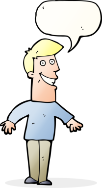 Bir insan tarafından çizilmiş konuşma balonuyla sırıtan çizgi film adamı.