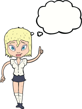 Bir insan tarafından çizilen düşünce baloncuğuyla nokta koyan çizgi film kadını.