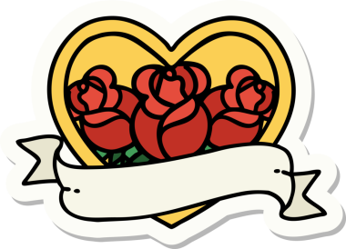 Geleneksel kalp stili dövme çıkartması ve bir insan tarafından çizilmiş çiçekli pankart.