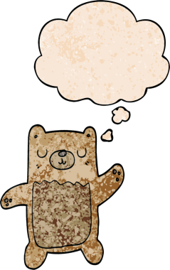 Bir insan tarafından çizilmiş grunge desenli düşünce baloncuklu çizgi film ayısı.