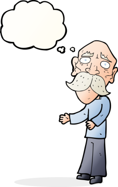 Bir insan tarafından çizilmiş düşünce baloncuğu olan yalnız yaşlı adam çizgi filmi.