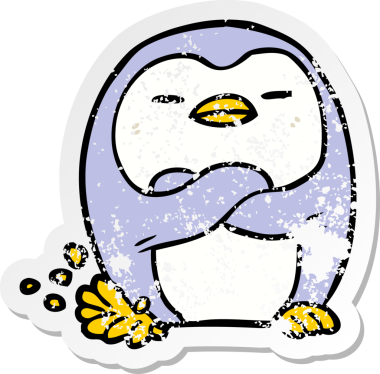 Çizgi film pengueninin sıkıntılı çıkartması. Bir insan tarafından çizilmiş ayağı.