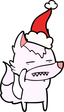 Bir insan tarafından çizilmiş Noel Baba şapkası takan bir kurdun el çizimi.