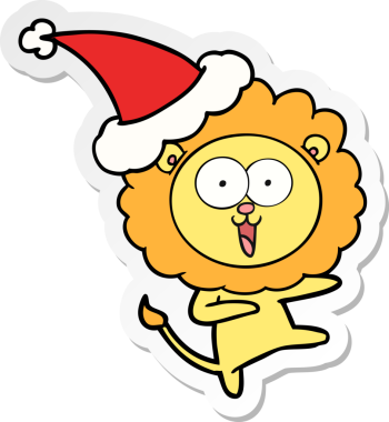 Bir insan tarafından çizilmiş Noel Baba şapkası giymiş bir aslanın mutlu el çizimi karikatürü.