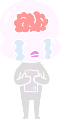 Düz renkli çizgi film. Bir insan tarafından çizilmiş büyük beyinli uzaylı ağlaması.