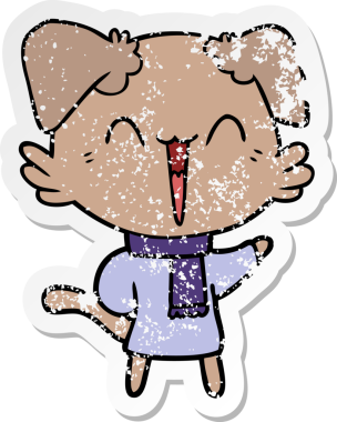 Bir insan tarafından çizilmiş kışın giydirilmiş mutlu küçük bir köpeğin sıkıntılı çıkartması.