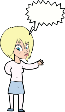 Bir insan tarafından çizilmiş bir konuşma balonuyla hoş geldin jesti yapan çizgi film kadını.