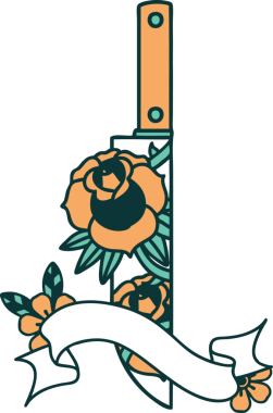 Geleneksel dövme, bir hançer ve bir insan tarafından çizilmiş çiçekler.