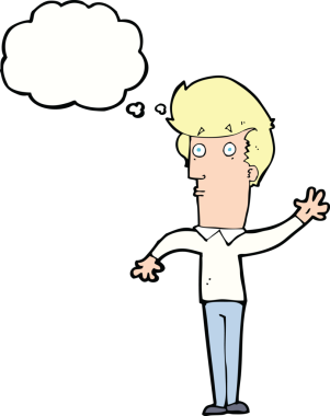 Bir insan tarafından çizilmiş düşünce baloncuğuyla el sallayan sinirli bir adam.