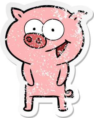 Bir insan tarafından çizilmiş neşeli bir domuz çizgi filminin hüzünlü çıkartması.