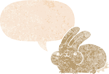 Konuşma baloncuğu olan çizgi film tavşanı bir insan tarafından çizilmiş dertli retro tarzı