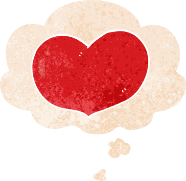 Düşünce baloncuklu karikatür aşk kalbi bir insan tarafından çizilmiş dertli retro stil