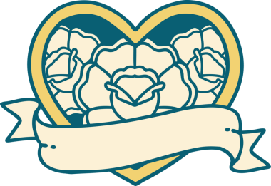 İkonik dövme stili bir kalp ve bir insan tarafından çizilmiş çiçekli pankart.