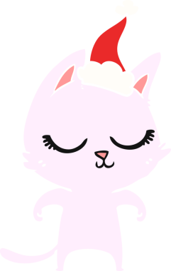 Sakin bir el çizimi, bir insan tarafından çizilmiş Noel Baba şapkası takan bir kedinin düz renk çizimi