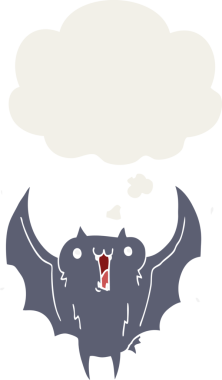 Bir insan tarafından çizilmiş düşünce baloncuklu mutlu vampir yarasa çizgi filmi.