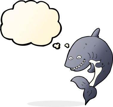 Bir insan tarafından çizilmiş düşünce baloncuklu çizgi film köpekbalığı.