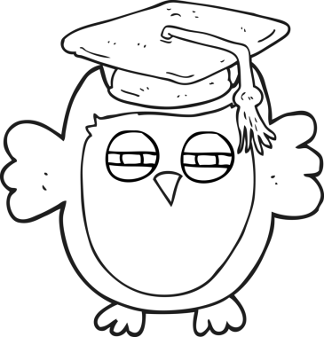 Bir insan tarafından çizilmiş siyah beyaz çizgi film akıllı baykuş.