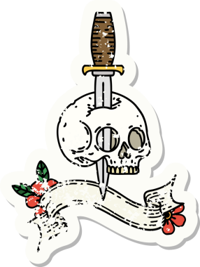 Bir insan tarafından çizilmiş kafatasının pankartıyla eski bir etiket.