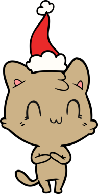 Bir insan tarafından çizilmiş mutlu bir kedinin çizilmiş Noel Baba şapkası.