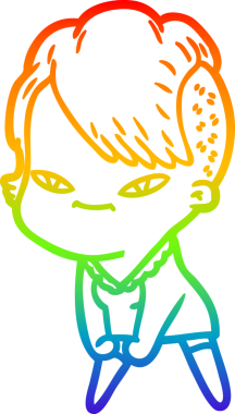 Gökkuşağı gradyan çizimi. Hipster saç kesimi bir insan tarafından çizilmiş şirin bir çizgi film kızı.