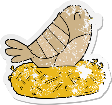 Bir insan tarafından çizilmiş yuvada oturan çizgi film kuşunun sıkıntılı çıkartması.