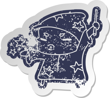 Sıkıntılı eski karikatür çıkartması. Bir insan tarafından çizilmiş sevimli kawaii büyücü çocuk.