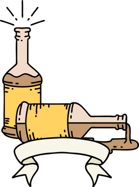 Bir insan tarafından çizilmiş dövmeli bira şişeleri.