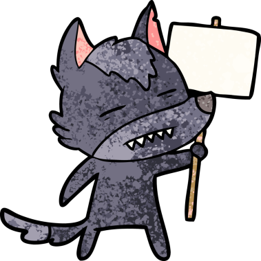 Bir insan tarafından çizilmiş dişleri gösteren işaret levhası olan çizgi film kurdu.