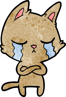 Bir insan tarafından çizilmiş kolları katlanmış ağlayan çizgi film kedisi.