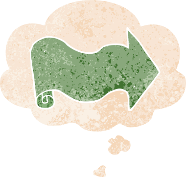 grunge 'da düşünce baloncuğu olan çizgi film oku bir insan tarafından çizilmiş gerilimli retro desen tarzı