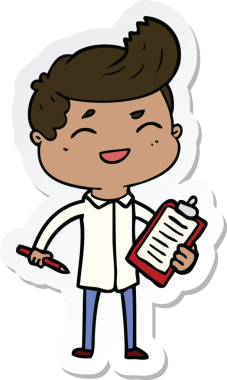 Bir insan tarafından çizilmiş, gülen bir karikatür satıcısının çıkartması.