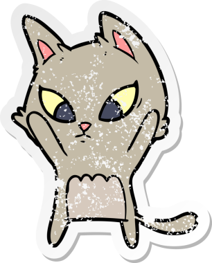 Bir insan tarafından çizilmiş kafası karışmış bir çizgi film kedisinin sıkıntılı çıkartması.