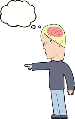 Bir insan tarafından çizilmiş düşünce baloncuğuyla işaret eden zeki bir adam.